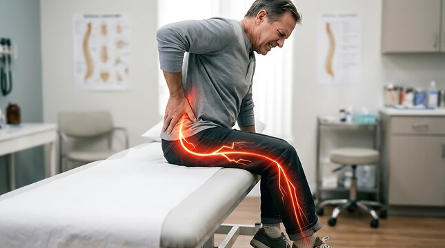 Sciatica Pain Concept, Person Sitting With Pain Radiating Down Leg