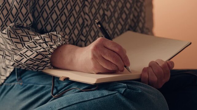 Mature woman journaling indoors in warm light, personal thoughts, planning and self-care concept, 4K