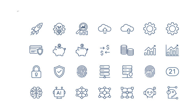 Finance and banking outline icon collection representing digital security and global economic growth featuring piggy bank and server network symbols for professional financial reporting or web design