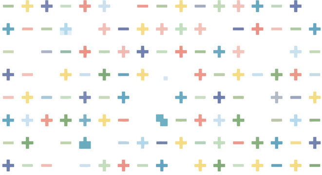 Minimalist seamless background with colorful plus and minus sign icons on clean white surface vector.