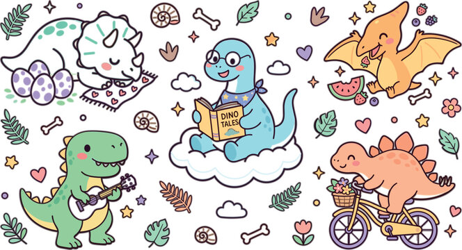 Cute Kawaii Dinosaur Cartoon Illustration Collection with Baby Dinosaurs, Eggs, Hearts, Flowers, and Pastel Prehistoric Design Elements