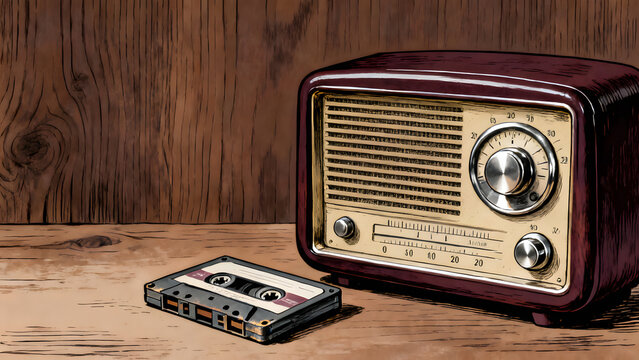 Vintage maroon radio with cassette tape on wooden surface