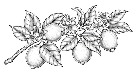 Lemon Branch Illustration: Ripe Fruits, Blossoms, and Leaves in Vintage Style