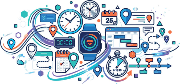 Modern Time Management and Productivity Illustration with Smartwatch, Clocks, Calendars, Location Pins, and Digital Workflow Planning Elements