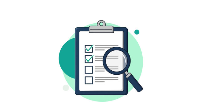 Audit clipboard with magnifying glass and checkboxes on transparent background