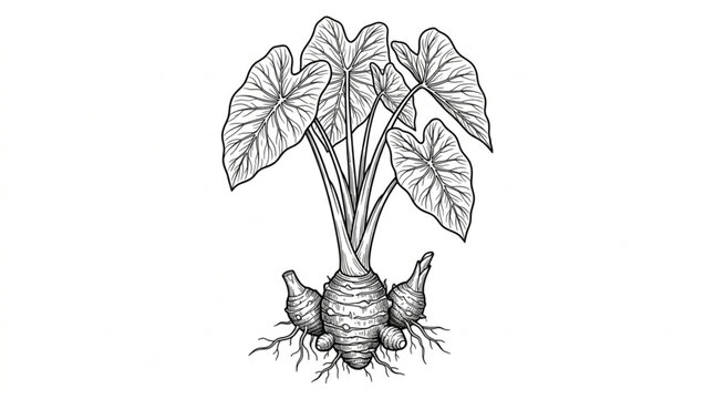 Taro root plant illustration with large leaves and tubers.