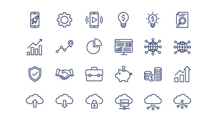 Collection of business startup and digital transformation icons featuring rocket ship gear cloud storage and financial growth symbols for enterprise software and web development projects vector art © SAIJID