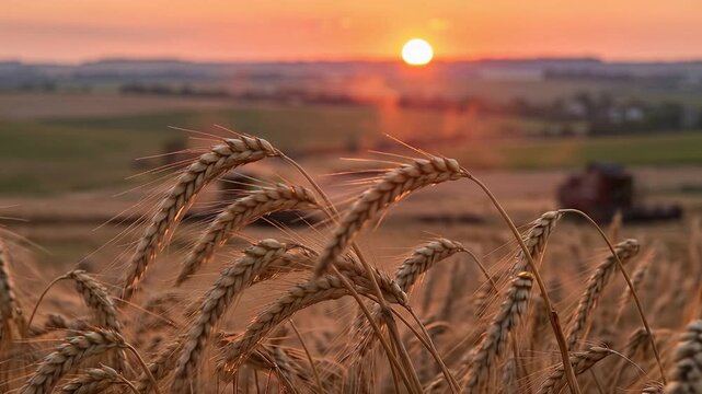 Golden wheat spikelets glowing under sunset rays, vast rural farmland landscape, rich agricultural harvest concept, warm summer countryside atmosphere, 4K video