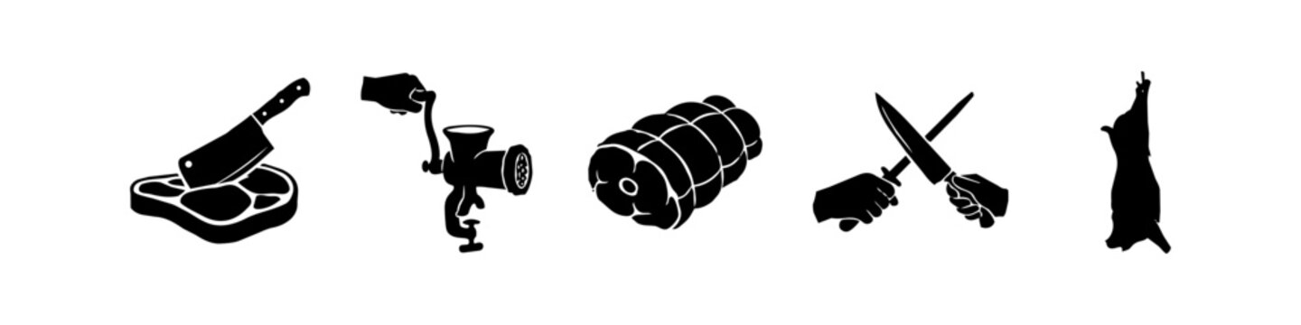 Butcher Shop Silhouette Icon Set featuring Meat Cleaver, Steak, Manual Grinder, Tied Roast Beef, Knife Sharpening, and Hanging Carcass for Meat Processing and Gastronomy Design.