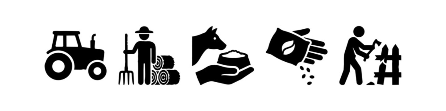 Set of Farming and Agricultural Icons Featuring Tractor, Farmer with Pitchfork, Livestock Feeding, Sowing Seeds, and Fence Maintenance - Black Silhouette Vector Pictograms for Rural Life.