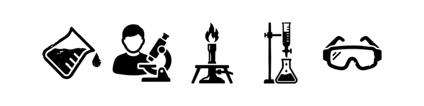 Collection of Science Laboratory Icons featuring Microscope Beaker Bunsen Burner Titration Setup and Safety Goggles for Chemistry and Biology Research