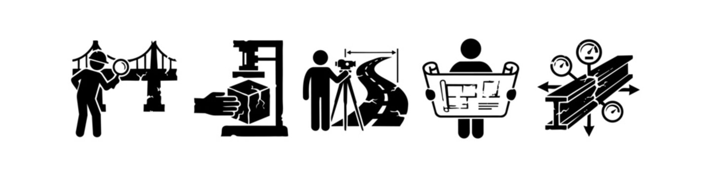Set of Civil Engineering and Infrastructure Inspection Icons Representing Bridge Maintenance, Concrete Testing, Land Surveying, Project Planning, and Structural Analysis for Quality Control