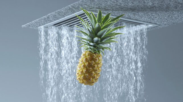 Pineapples flanking a dramatic water cascade from a ceiling vent in studio light
