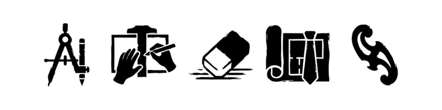 Architectural Drafting Tools Icon Set, Hand Drawn Woodcut Style Icons of Compass, T-Square, Eraser, Blueprints and French Curve for Professional Engineering and Technical Drawing