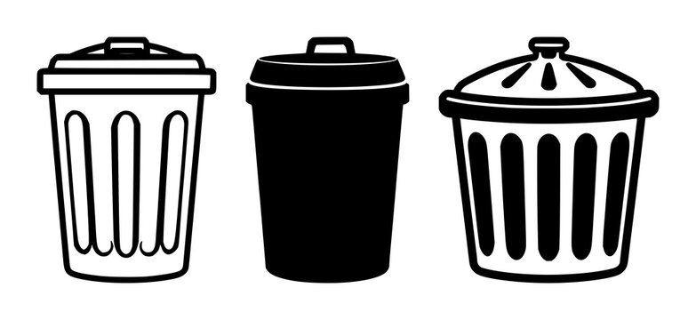 Trash can delete icon set with solid black silhouette on white background featuring icon, graphic, illustration with simplicity and clarity