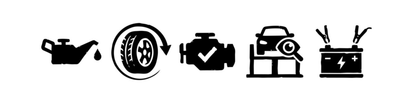 Hand Drawn Car Maintenance and Auto Repair Icons Set featuring Oil Change Tire Rotation Check Engine Car Inspection and Battery Charging Service Symbols