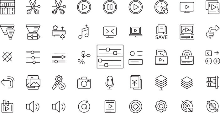 Video Editing and Media Production Tool Controls Line Icons Set Vector Illustration