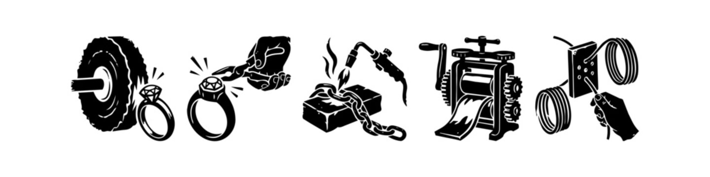 Set of Five Hand-Drawn Black and White Icons Representing Jewelry Making Processes: Polishing, Stone Setting, Soldering, Metal Rolling, and Wire Drawing for Goldsmiths and Silversmiths