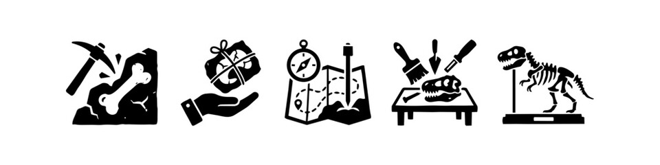 Paleontology and Archaeology Icons Set Featuring Dinosaur Fossil Excavation Tools Map Skeleton and Museum Exhibition Display Solid Black Vector Illustration for Science and Education © Victor