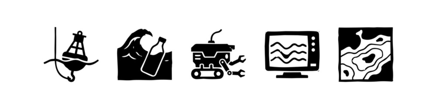Marine Science and Oceanography Icon Set Featuring Deep Sea ROV, Navigation Buoy, Ocean Plastic Pollution, Sonar Data Monitor, and Bathymetry Seabed Topographical Map Symbols