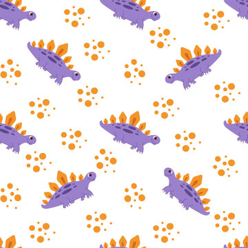 Kids seamless background with purple dinosaurs, organic spots, and dots. Prehistoric pattern for nursery textile, wallpaper, and fabric design. Vector illustration isolated on white.