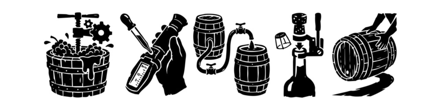 Set of Winemaking Process Icons: From Grape Crushing and Brix Testing with Refractometer to Barrel Aging, Bottling with Corker, and Rolling Oak Casks