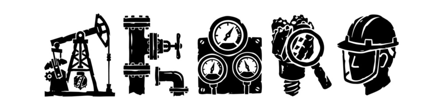 Oil and Gas Industry Icon Set Featuring Pumpjack Pipelines Control Gauges Drill Bit and Engineer Worker Illustration Hand Drawn Black Sketch Vector Banner on White Background