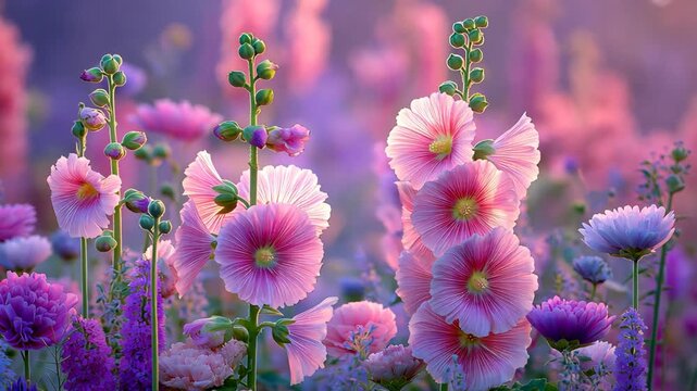 Pink hollyhock blossoms blooming in a field with soft sunlight, peaceful floral landscape with fresh natural spring atmosphere