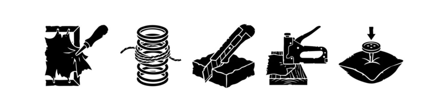 Set of Black and White Upholstery Tools and Process Icons Including Fabric Tacking, Spring Tying, Foam Cutting, Staple Gun, and Button Tufting for Furniture Restoration and DIY Projects