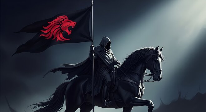 Mysterious Rider with Lion Flag on Black Horse, Dark Fantasy, Epic Scene