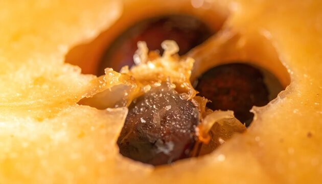 Close-up Macro View of Apple Core with Seeds and Pulp.