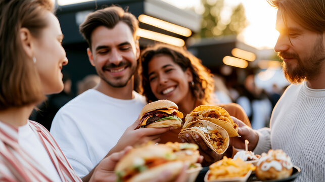 Cheerful group of young friends holding burgers, tacos and fries together at warm golden sunset outdoor street food festival. Social gathering, foodie lifestyle and urban gastronomic trend concept.