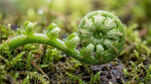 A close-up of a green fern fiddlehead unfurling amidst moss and soil in a natural forest setting.
