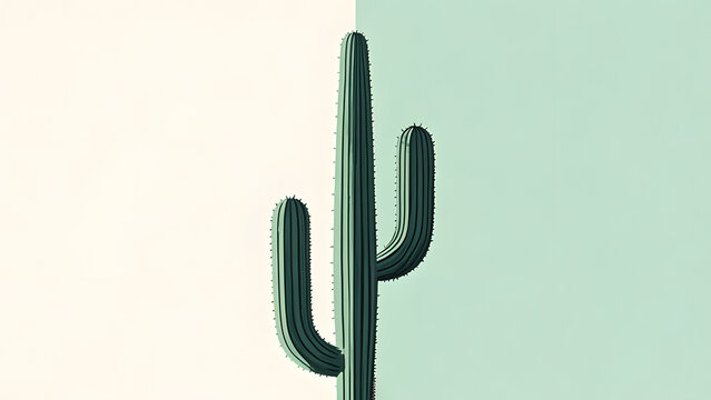 Stylized green saguaro cactus with vertical ribs and spines on split beige-mint background