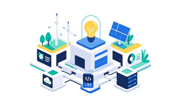 Innovation hub technology concept featuring energy and light bulb.