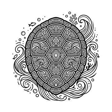 Intricate turtle shell pattern with ocean wave line art illustration