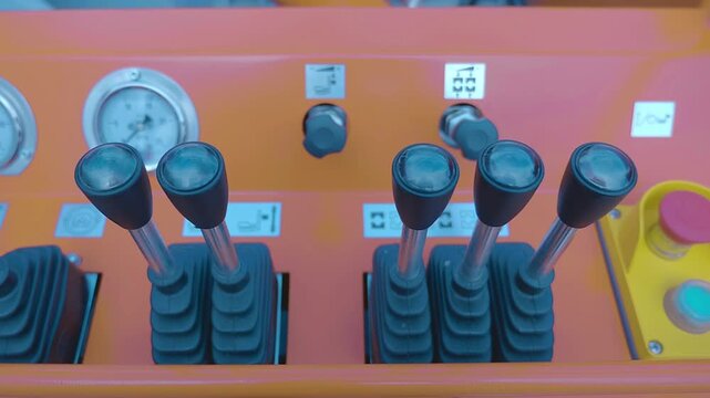 The control panel of the lifting mechanism contains groups of levers, two pressure gauges and buttons. Closeup. Shot in motion  