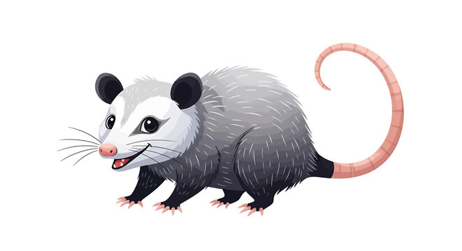 Illustration of a gray opossum with a long pink tail and black ears.