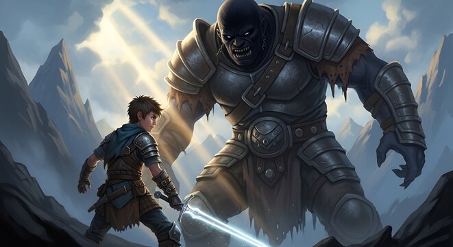 Young Warrior Battles Giant Orc in Epic Fantasy Landscape