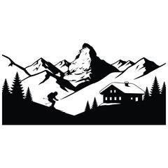 Fototapeta premium Mountain landscape vector illustration with skier and a lodge silhouette at winter.