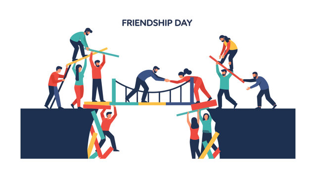 Building Bridges of Friendship: A diverse group of people collaborates to construct a bridge, symbolizing unity and connection, celebrating the spirit of friendship.