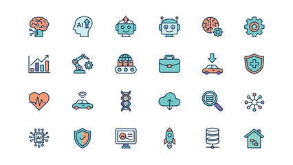 Obraz premium Vibrant business and technology icon collection featuring artificial intelligence robotics DNA sequencing data cloud and healthcare services for modern digital platforms and professional UI design