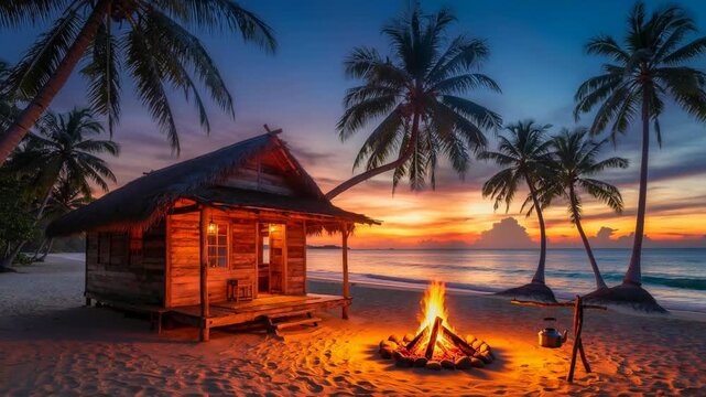 Cozy wooden beach hut at sunset with roaring campfire surrounded by palm trees tropical relaxation