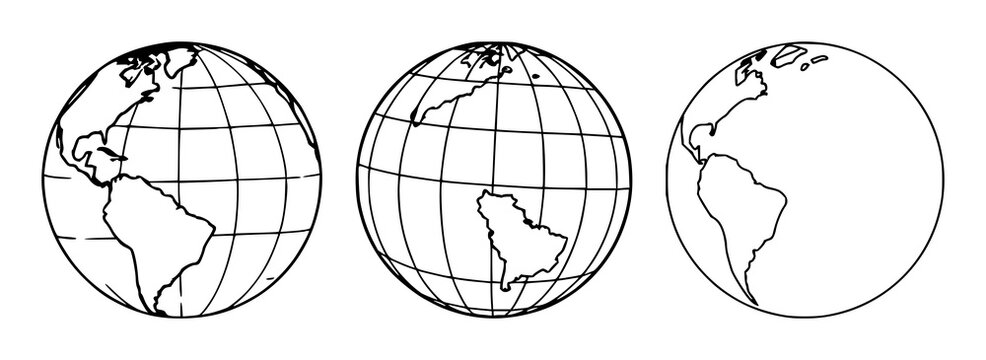 Globe set with black line art on white background featuring world map, continents, latitude lines with minimalism and outlines
