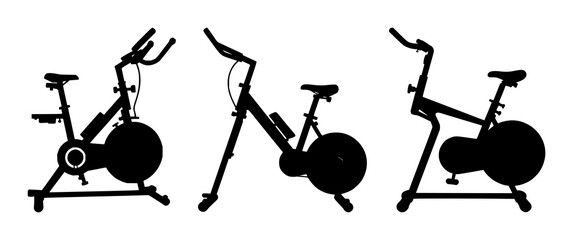 Stationary fitness bike set with solid black silhouette against white background featuring cycling, exercise, gym with fitness and health and wellness