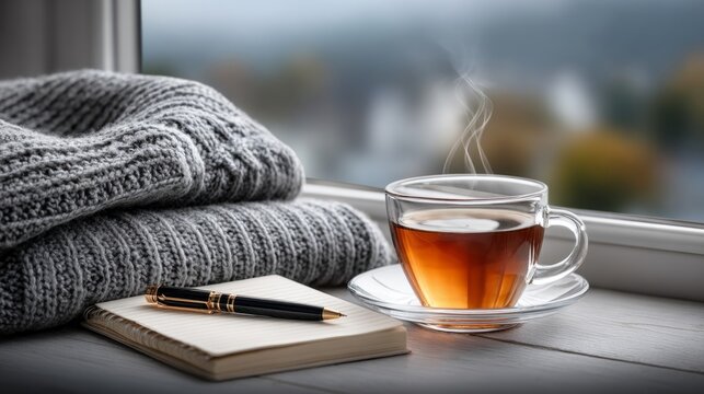Cozy moment with tea, warm sweater, and notebook by the window
