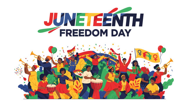 Juneteenth Freedom Day Celebration: A vibrant and energetic illustration depicts a diverse community celebrating Juneteenth Freedom Day with music, dancing, and festive decorations.