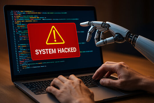 Cyber security breach system hacked alert notification on laptop screen with robot hand and human programmer hacking concept