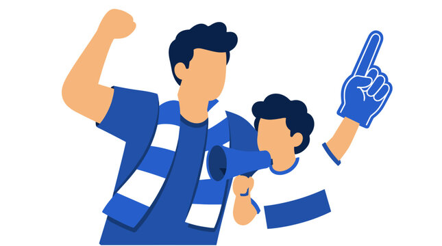 Two Fans Cheer With Foam Finger And Scarves.