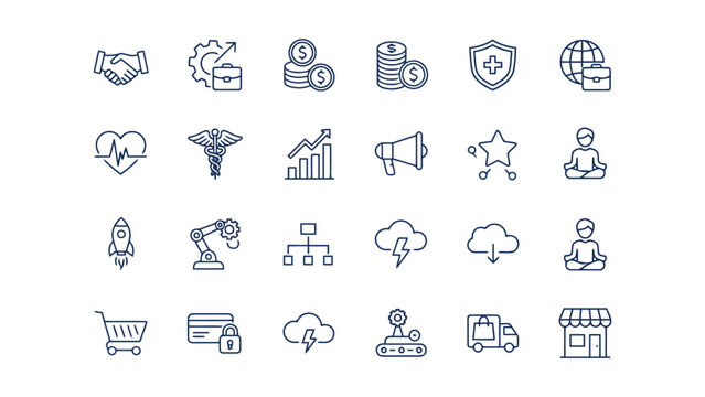 Professional corporate business and healthcare linear icons for management strategy financial planning and wellness programs